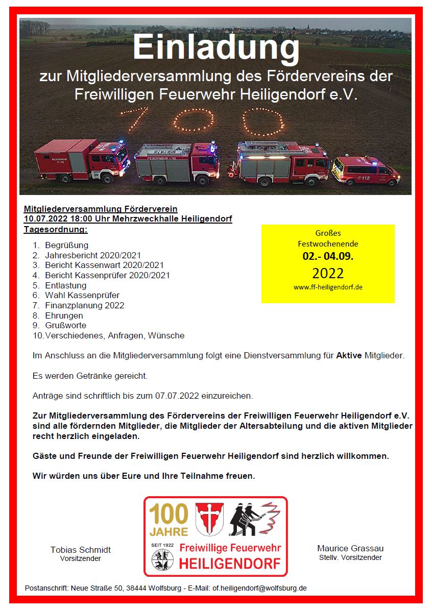 Einladung zur Mitgliederversammlung des Fördervereins der Freiwilligen Feuerwehr Heiligendorf e.V.