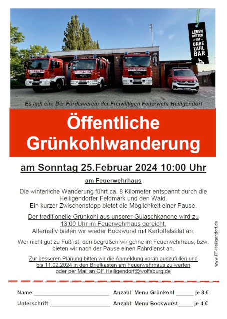Einladung zur Grünkohlwanderung, Freiwillige Feuerwehr Heiligendorf