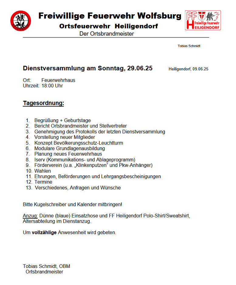 Tagesordnung der Dienstversammlung am Sonntag, 29.06.2025