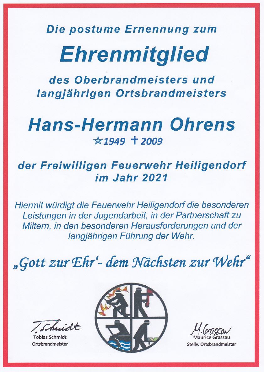 Postume Ernennung von Hans-Hermann Ohrens zum Ehrenmitglied