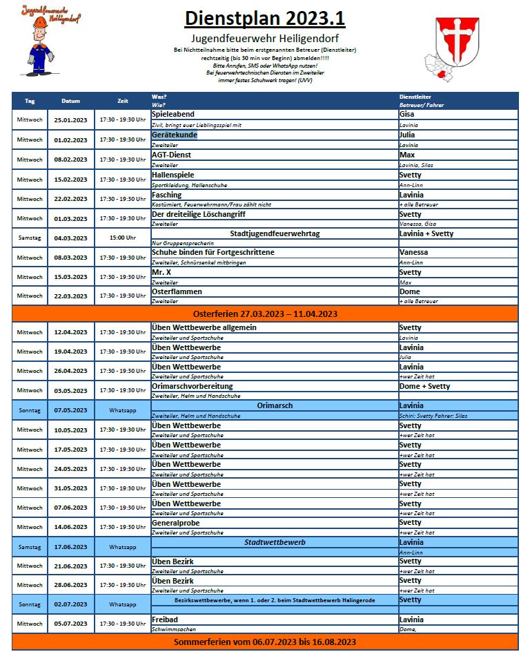 Der Dienstplan für das erste Halbjahr 2023