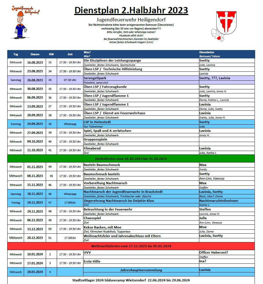 Der Dienstplan für das zweite Halbjahr 2023