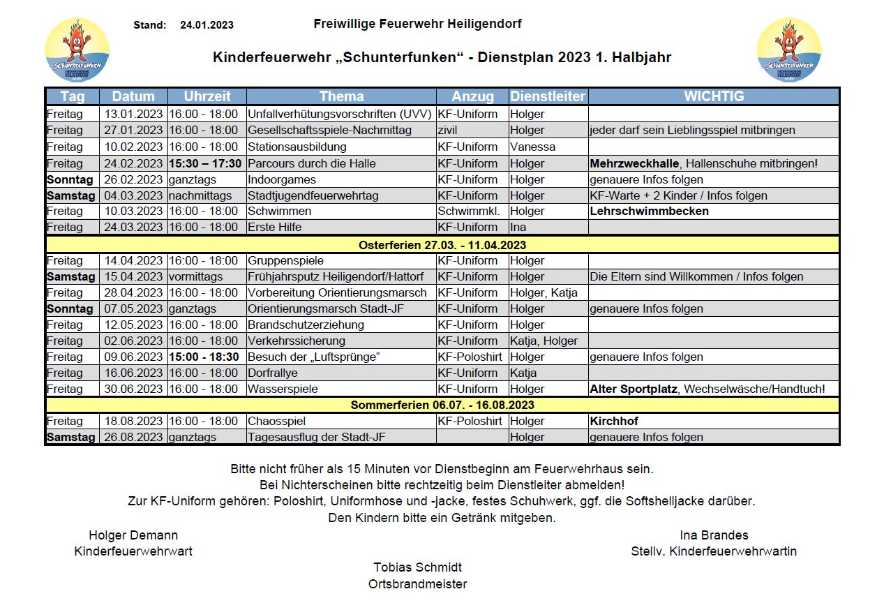 Der Dienstplan der Schunterfunken für das 1. Halbjahr 2023