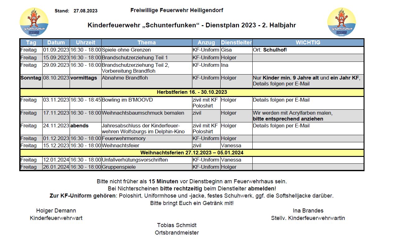 Der Dienstplan der Schunterfunken für das 2. Halbjahr 2023