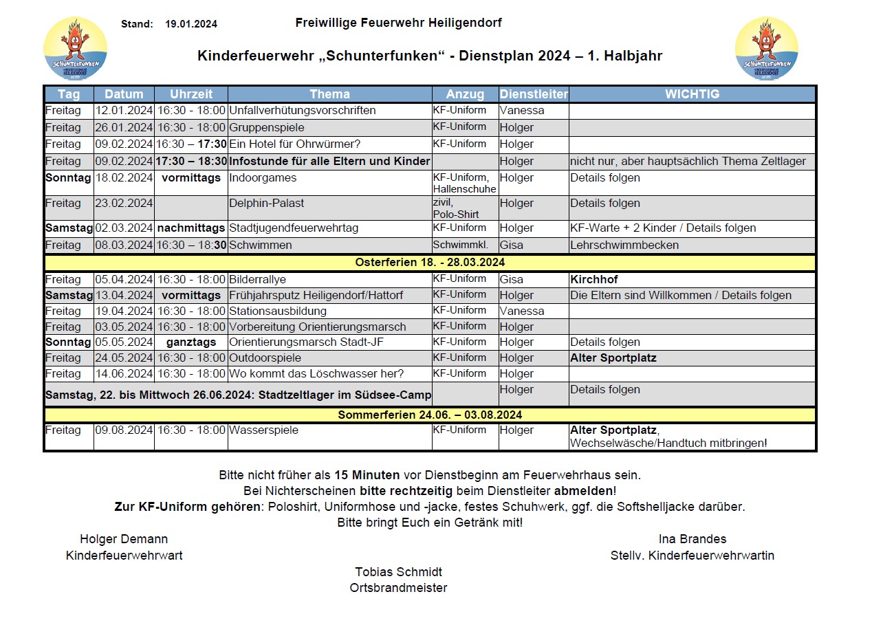 Der Dienstplan der Schunterfunken für das erste Halbjahr 2024