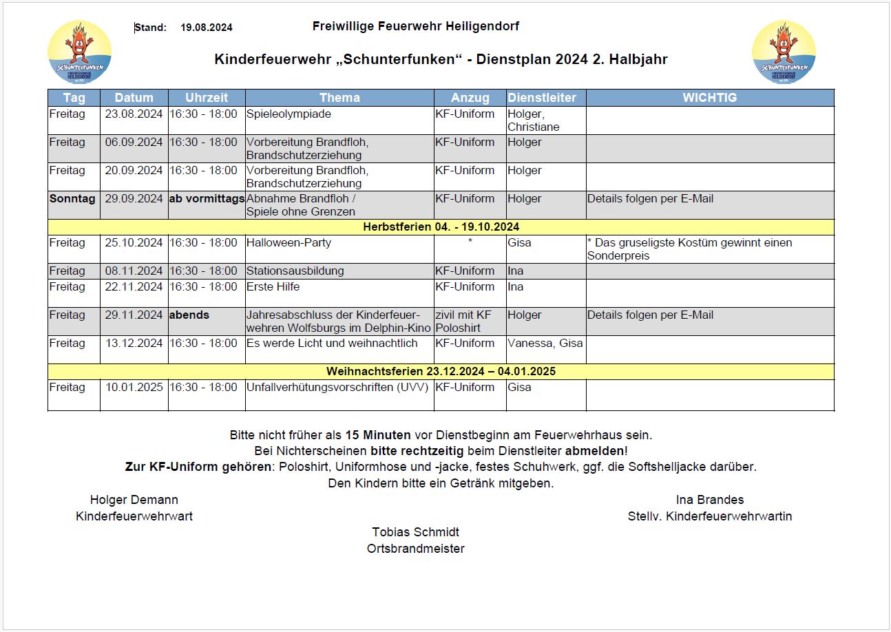 Der Dienstplan der Schunterfunken für das zweite Halbjahr 2024