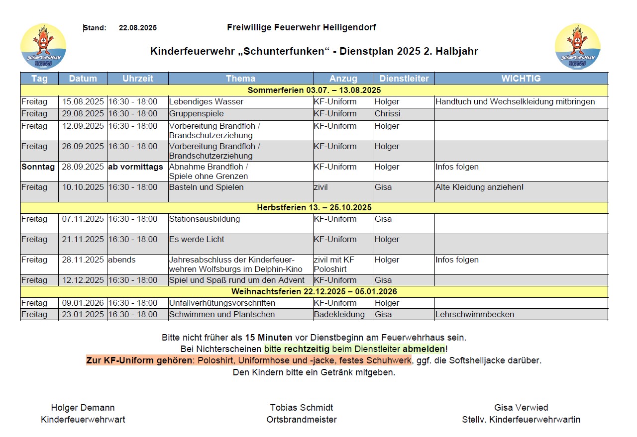 Der Dienstplan der Schunterfunken für das 2. Halbjahr 2025