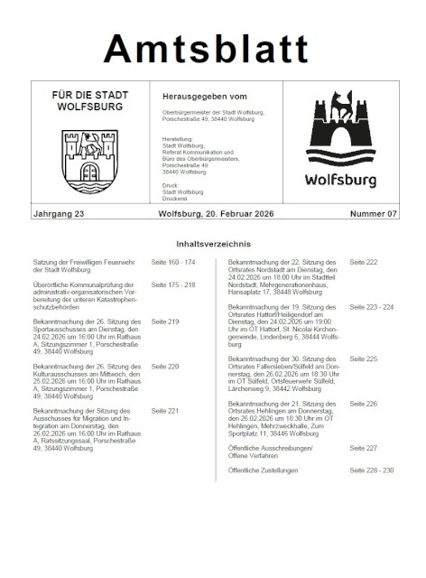 Die Satzung der Freiwilligen Feuerwehr der Stadt Wolfsburg im Amtsblatt 07 / 2026